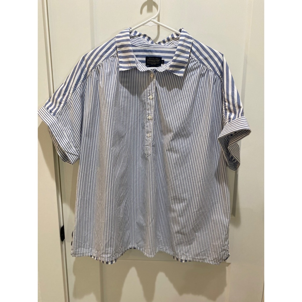 Pendleton Womens Blue White Striped Short Sleeve Popover Button Shirt XL‎